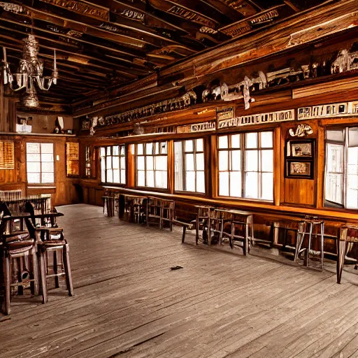 Image similar to Empty Old West Saloon at the break of day, Rococo style