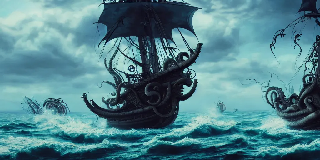 Prompt: the kraken sinking a pirate ship, kraken attacking pirate ship in rough seas, studio ghibli style, photorealistic illustration, high quality render, 8 k resolution, octane render