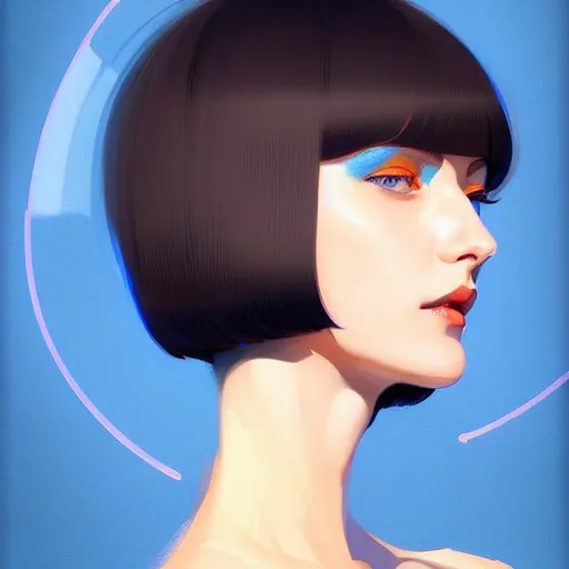 Prompt: woman with dark bobcut haircut with friendly blue eyes and slim features looking happy, futurist style, intricate, elegant gleaming jewelry, angelic halo, highly detailed, digital painting, artstation, concept art, smooth, sharp focus, illustration, art by wlop, mars ravelo and greg rutkowski