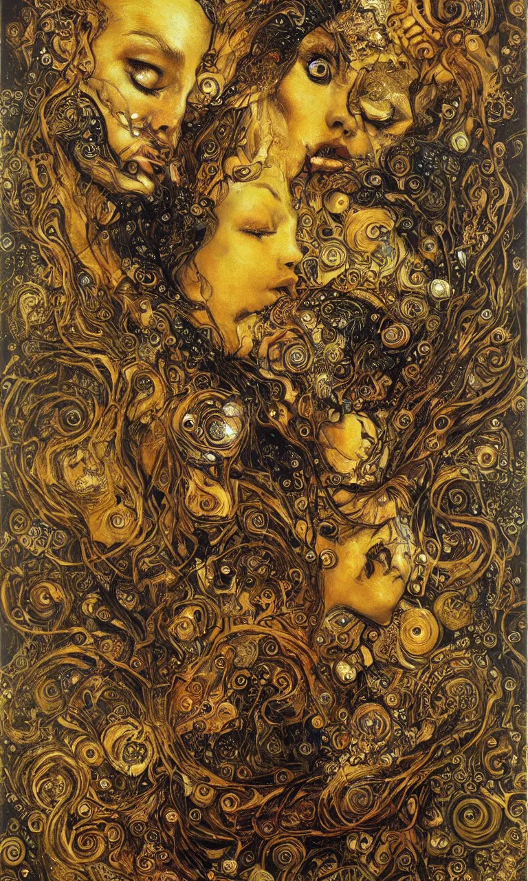 Image similar to Divine Chaos Engine by Karol Bak, Jean Deville, Gustav Klimt, and Vincent Van Gogh, beautiful visionary mystical portrait, sacred, otherworldly, fractal structures, Surreality, ornate gilded medieval icon, third eye, spirals, horizontal symmetry