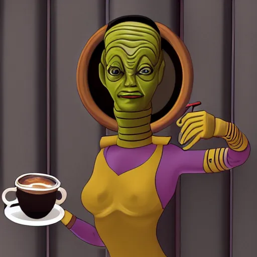 Prompt: a twilek female drinking coffee at a cafe, digital art, 4k