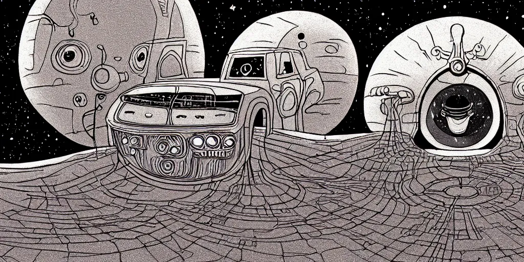 Image similar to traditional drawn colorful animation a car with solo man with sad face to valley symmetrical architecture on the ground, space station planet afar, planet surface, ground, tree, outer worlds extraterrestrial hyper contrast well drawn Metal Hurlant Pilote and Pif in Jean Henri Gaston Giraud animation film The Masters of Time FANTASTIC PLANET La planète sauvage animation by René Laloux