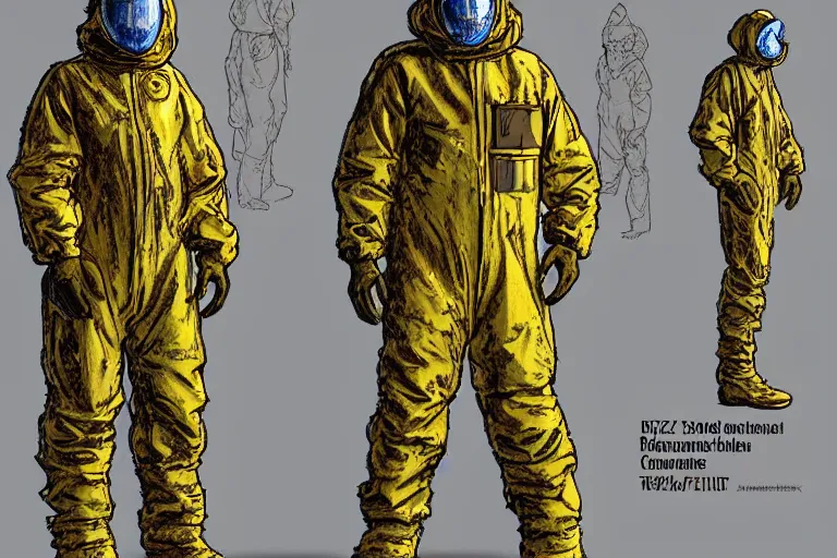 Image similar to hazmat suit soldier, concept art, illustration, art by Moebius