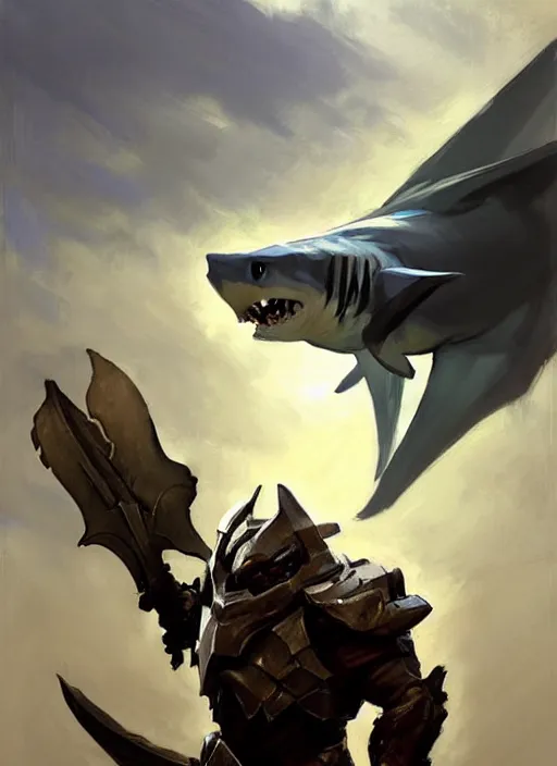 Image similar to Greg Manchess painting of a Shark Charr from Guild Wars 2 wearing Forerunner Armor from Halo, countryside, calm, fantasy character portrait, dynamic pose, above view, sunny day, artwork by Jeremy Lipkin and Giuseppe Dangelico Pino and Michael Garmash and Rob Rey, very coherent asymmetrical artwork, sharp edges, perfect face, simple form, 100mm