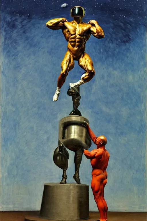 Prompt: bodybuilder in an astronaut helmet and costume lifts a statue of a horse, highly detailed painting by francis bacon, edward hopper, adrian ghenie, gerhard richter, and james jean soft light 4 k,