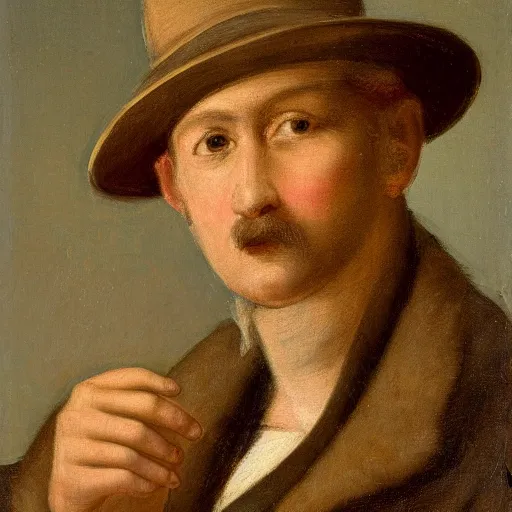 Prompt: close - up portrait of a man with a hat