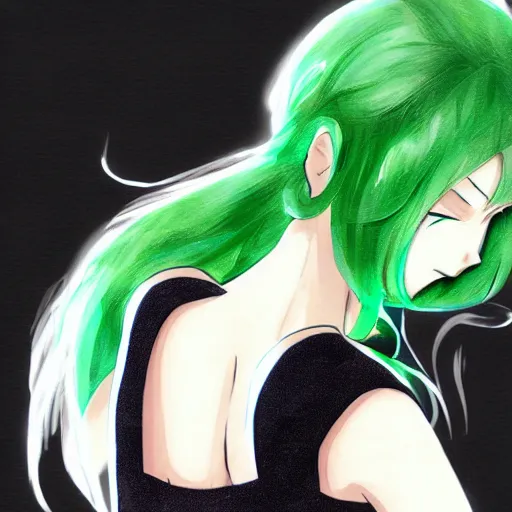Prompt: tatsumaki from one punch man, green curly hair, digital art, ufotable, trending on pixiv