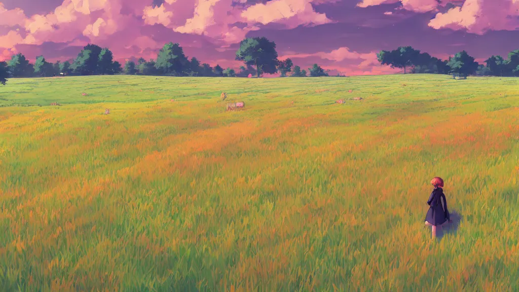 Image similar to landscape of a farm field background, rich vivid colors, ambient lighting, dynamic lighting, 4k, HQ, official media, concept art, anime key visual, makoto shinkai, ilya kuvshinov, lois van baarle, rossdraws, detailed, trending on artstation