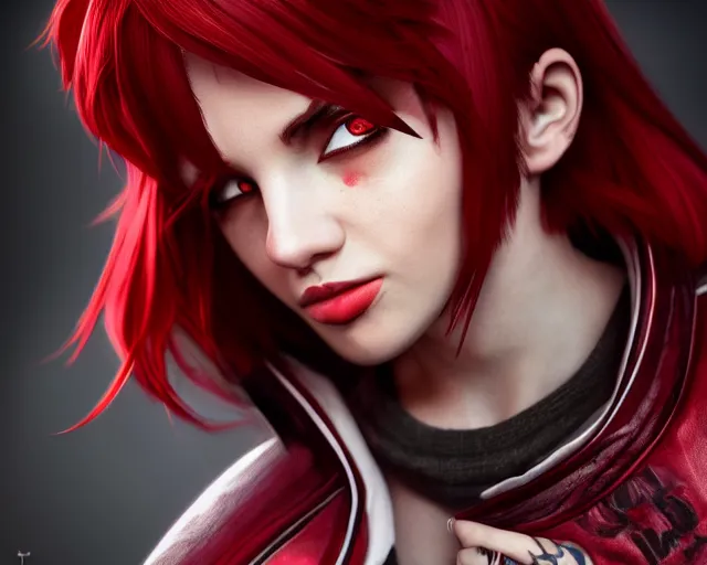 Prompt: a girl with short red hair, cool, vi from arcane, league of legends, fighter, cool red jacket, tattoo, beautiful, 3 d, potrait, art staion, studio light, closeup shot, octane render, wlop