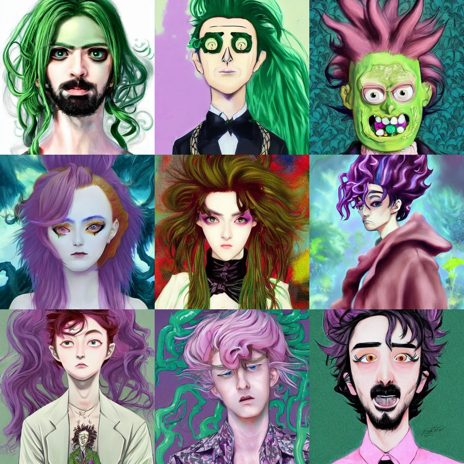 Prompt: Pickle Rick as a beautiful man, cool tousled hair, style is a blend of John singer Sargent paintings and Japanese shoujo manga, inspired by pastel goth, pre-raphaelite paintings, harajuku street fashion, photorealistic art, insanely beautiful and detailed illustration