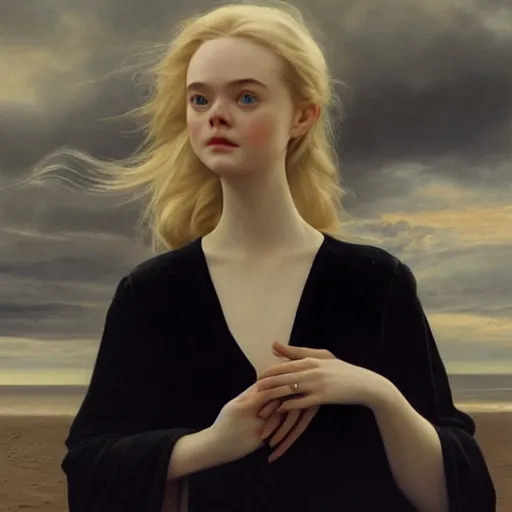 Image similar to Elle Fanning in a black robe holding a skull on the beach, head and shoulders portrait, stormy weather, extremely detailed masterpiece, Roger Deakin’s cinematography, oil on canvas, Norman Rockwell,