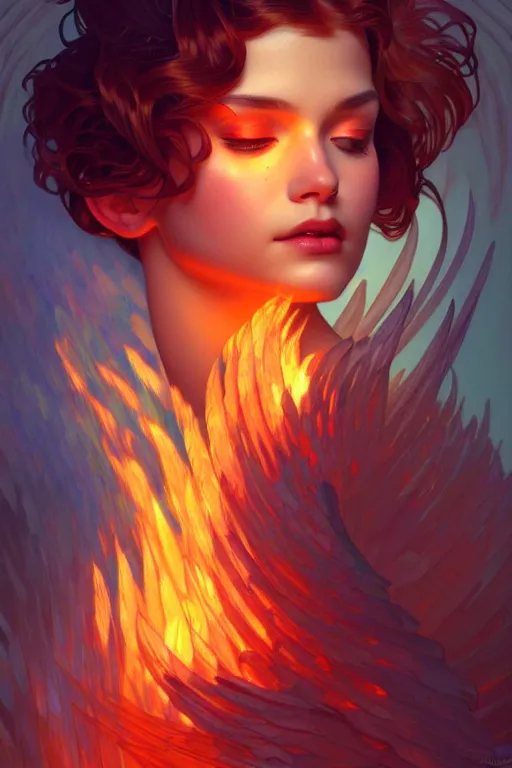 Prompt: a beautiful fire angel, fantasy, portrait, sharp focus, intricate, elegant, digital painting, artstation, matte, highly detailed, concept art, illustration, ambient lighting, art by ilya kuvshinov, artgerm, Alphonse mucha, and Greg Rutkowski