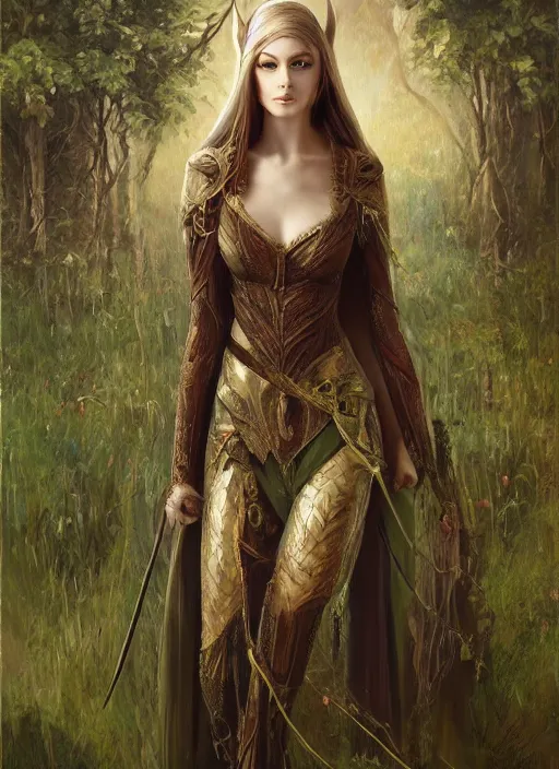 Prompt: an oil canvas painting of beautiful full body concept art beautiful face and beautiful eyes, elven female rogue wearing full intricate clothing standing in a field, soft focus, interesting lights