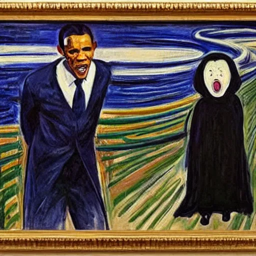 Prompt: obama and harry potter together shouting in unison on the scream edvard munch's painting, style of monet, museum masterpiece, worth a lot, sothebys