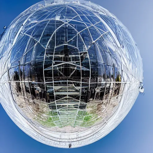 Prompt: A realistic photo of a huge transparent megastructure in the shape of a sphere, it has a staircase inside, located in the center of a desert, people are walking up the stairs, photography, award winning, 8k