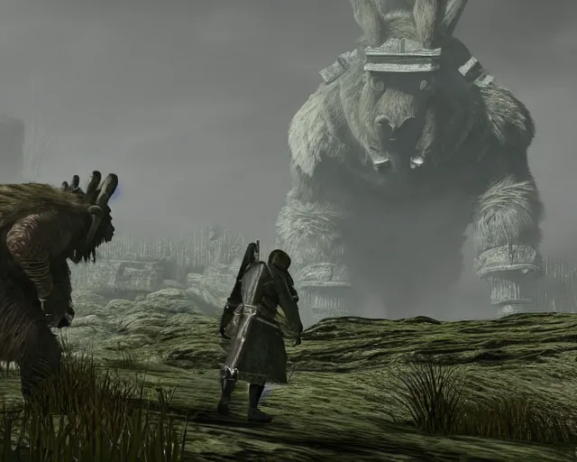 Image similar to big chungus in shadow of the colossus, as a colossus, screenshot