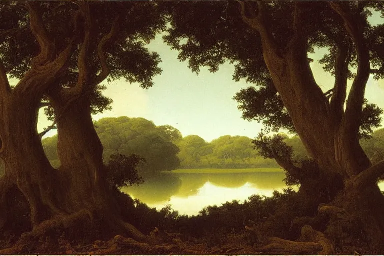 Image similar to painting of a old tree next to a meandering river by martin johnson heade