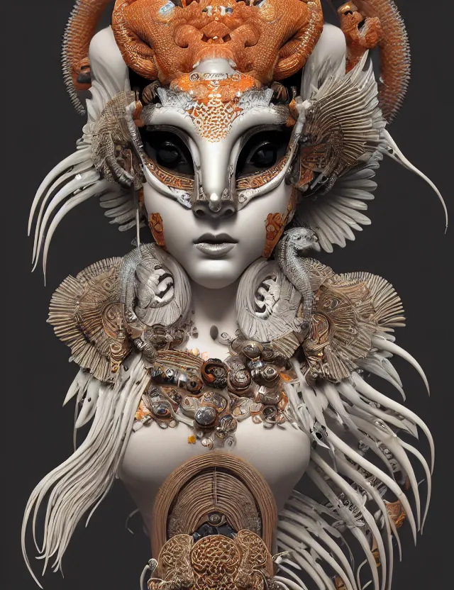 Image similar to 3 d goddess close - up 3 / 4 portrait with ram skull. beautiful intricately detailed japanese crow kitsune mask and clasical japanese kimono. betta fish, jellyfish phoenix, bio luminescent, plasma, ice, water, wind, creature, artwork by tooth wu and wlop and beeple and greg rutkowski