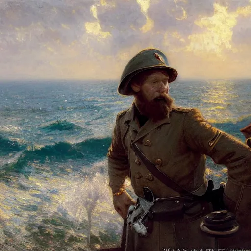 Image similar to detailed cinematic wide shot of swedish sea captain back view seeing his world war 2 battle ship attacking denmark, ultra realistic, spring light, painting by gaston bussiere, craig mullins, j. c. leyendecker