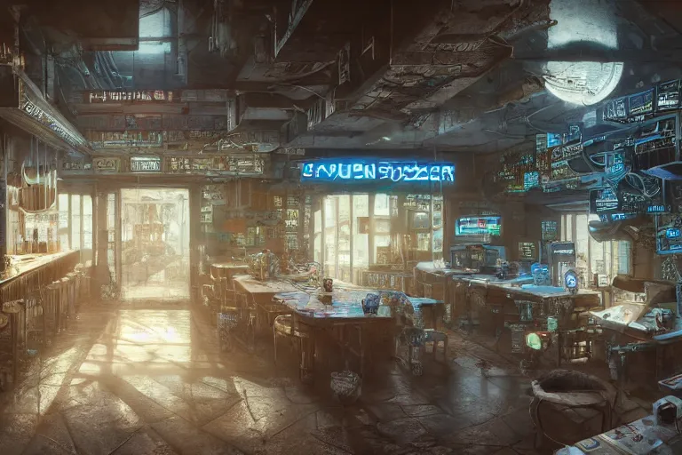 Prompt: Highly detailed Digital concept interior design in style of Hiromasa Ogura and Josan Gonzalez of cyberpunk tavern with stone walls and neon lights, a lot of electronics, many details. Natural white sunlight from the transperient roof. Rendered in VRAY and DaVinci Resolve and MAXWELL and LUMION 3D, Volumetric natural light