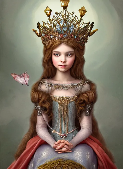 Prompt: highly detailed closeup portrait of a fairytale medieval princess wearing a crown and sitting on a throne, unreal engine, low - poly hands, nicoletta ceccoli, mark ryden, earl norem, lostfish, global illumination, god rays, detailed and intricate environment