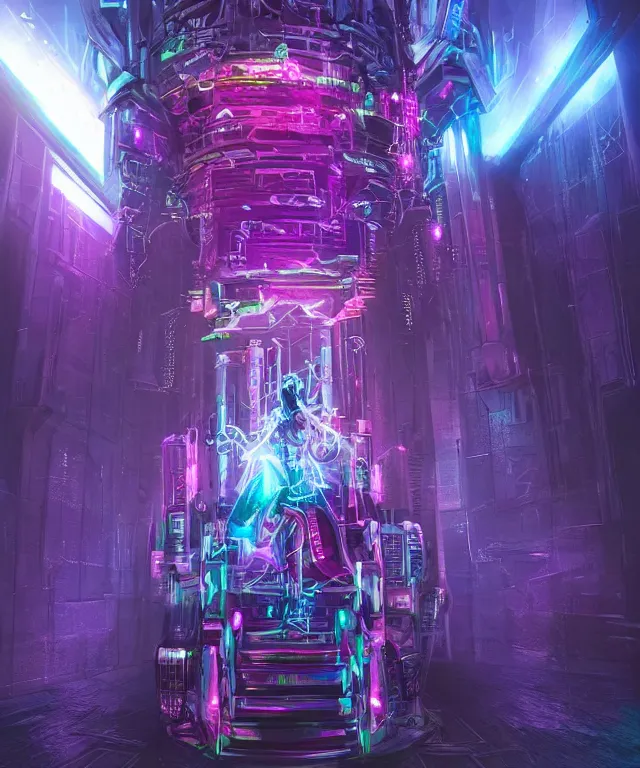 Image similar to majestic cyborg princess, futuristic castle, cyberpunk, neon lights, metal throne