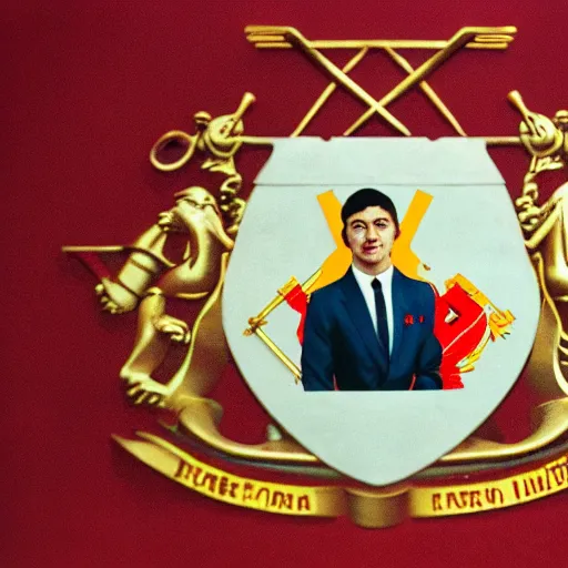 Prompt: A young man in a suit sits at a table , coat of arms of USSR with hammer and sickle in background, bokeh, cinestill, fine details