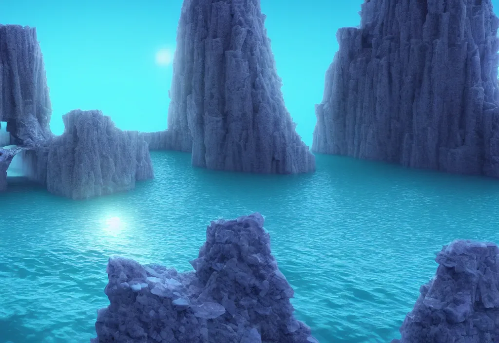 Image similar to ocean temple made out of crystalline blue stone, fantasy, mystical, ocean, 3 d, render, ocean, water, 8 k