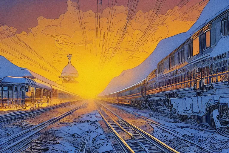 Image similar to trans - siberian express train ultrafine drawing by joe fenton and syd mead and p. craig russell and barry windsor - smith, artstation, 4 k, graphic novel, concept art, matte painting, beautiful russian winter landscape sunset background, golden hour, art nouveau, sharp