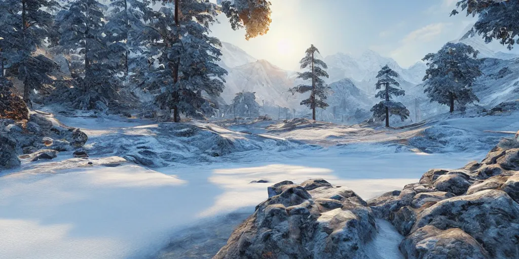 Prompt: a beautiful landscape, sun rises between two snowy mountains, 3 d artwork by phillipp urlich, unreal engine 5, extremely detailed, hyper realism