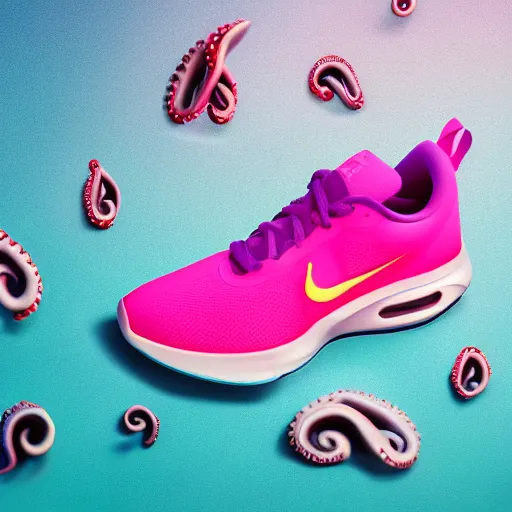 Image similar to Nike shoes with an octopus design, product photography, gradient background