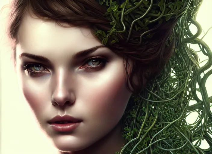 Prompt: highly detailed beautiful woman wrapped up in vines, illustration, full body realistic eyes, artstation, cinematic lighting, hyperdetailed, detailed realistic symmetrical eyes, cgsociety, 8k, high resolution, Charlie Bowater, Tom Bagshaw, Norman Rockwell, insanely detailed and intricate, clean white background