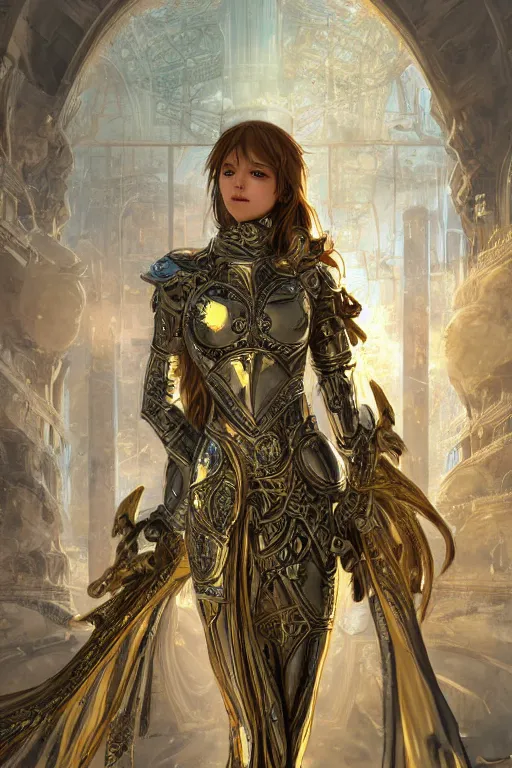 Prompt: portrait knights of Zodiac girl, metallic Silver and ice color reflected armor, in ruined Agora of Athens, ssci-fi, fantasy, intricate, very very beautiful, elegant, golden light, highly detailed, digital painting, artstation, concept art, smooth, sharp focus, illustration, art by WLOP and tian zi and alphonse mucha