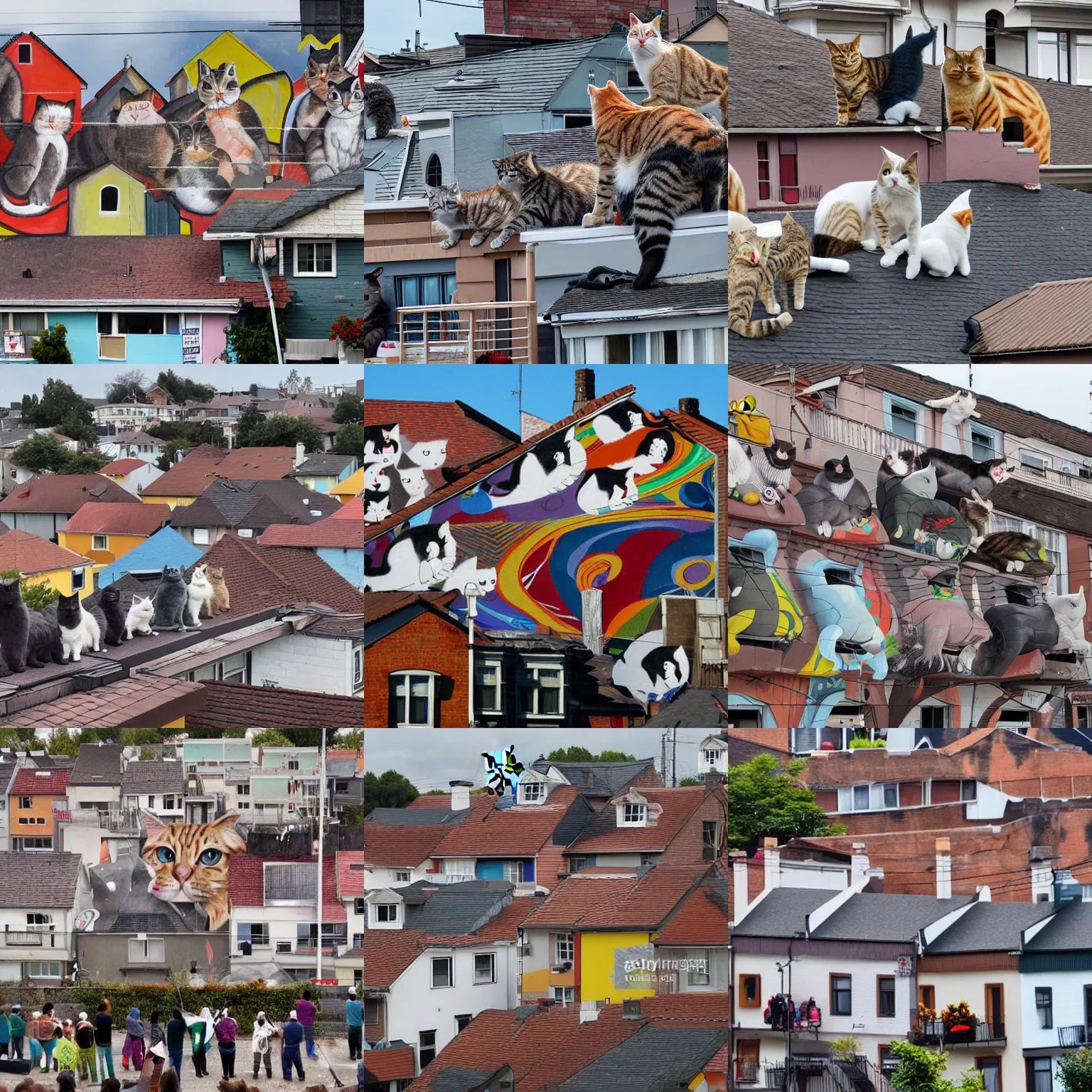 Prompt: a bunch of cats on the roofs watching a crowd of neighbours protesting against painted giant cats murals on their houses