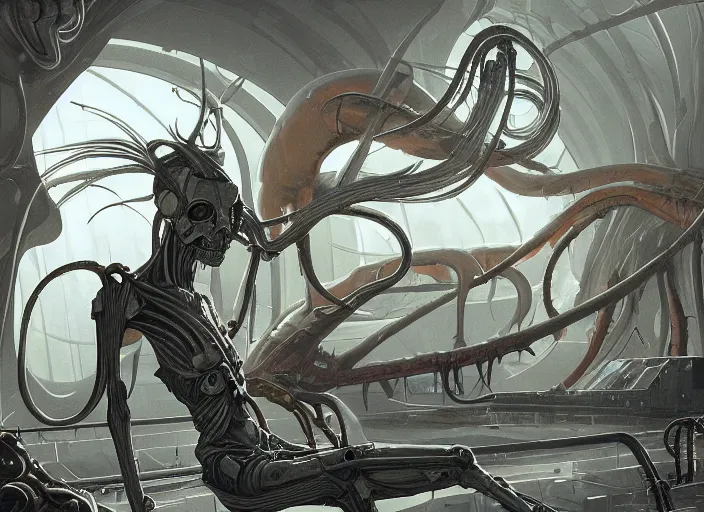 Image similar to science fiction laboratory with a beautiful muscular demon woman with long boney limbs terrorizing the lab in the style of ralph mcquarrie, jakub rebelka and glenn fabry, futuristic, tentacles and bones, transparent carapace, god rays, flooded station, artstation, cinematic lighting, foggy