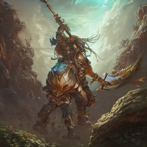 Prompt: an aetherpunk magical rhinoceros warrior wielding a wizard staff, forward facing angle, character design, art by Tooth Wu and justin gerard and Blizzard studios, post-processing, extremely hyperdetailed, intricate complexity, epic composition, masterpiece, trending on artstation