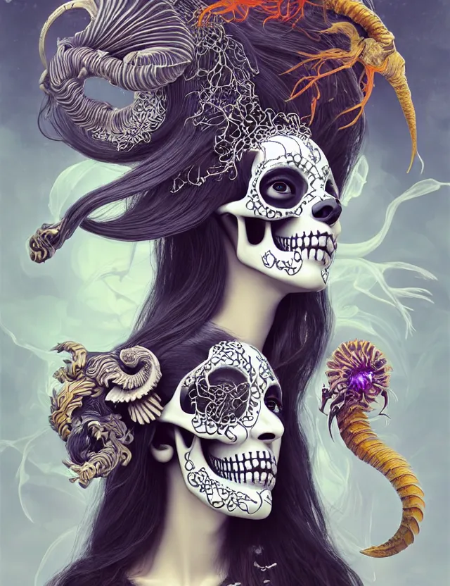 Image similar to 3 d goddess skull half - turn portrait with long hair with ram skull. beautiful intricately detailed japanese crow kitsune mask and clasical japanese kimono. betta fish, jellyfish phoenix, bio luminescent, plasma, ice, water, wind, creature, artwork by tooth wu and wlop and beeple and greg rutkowski