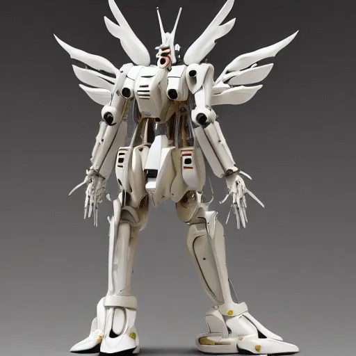 Image similar to futuristic papal mecha, ivory gundam, carved white marble mechanical exoskeleton wearing hardsurface armour, inlaid with gold, ivory rococo, wings lace wear, sculpted by spider zero, zaha hadid, trending on artstation, beautifully lit, hyper detailed, insane details, intricate