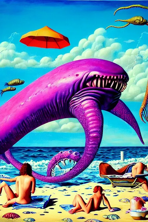 Image similar to a hyperrealistic painting of a sea creature monster washing up on the beach while people are laying on towels with umbrellas, cinematic horror by chris cunningham, lisa frank, richard corben, highly detailed, vivid color,