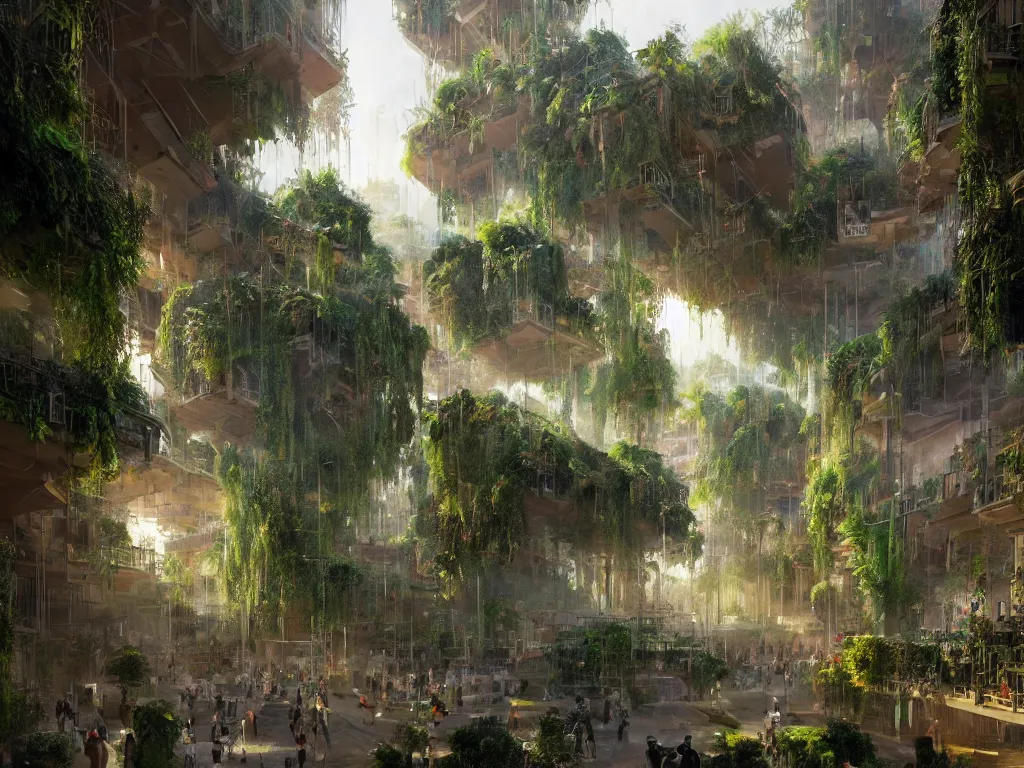 Image similar to the green city of babylon with its wonderful hanging gardens at dawn, intricate, elegant, volumetric lighting, digital painting, highly detailed, artstation, sharp focus, illustration, concept art, ruan jia, steve mccurry