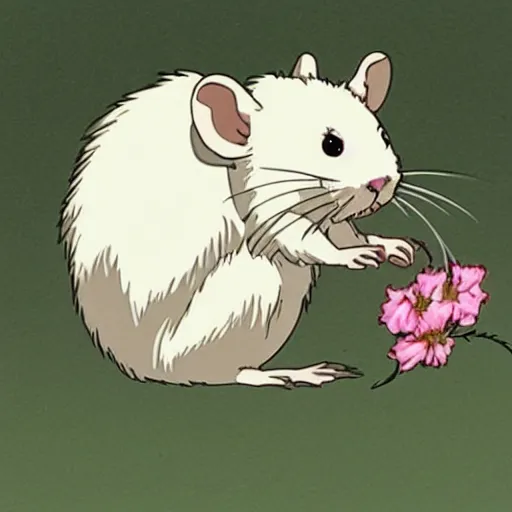 Image similar to white rat holding a flower cinematic composition, studio ghibli, cute