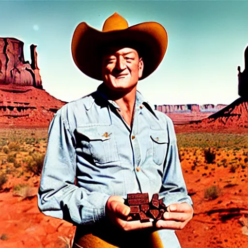 Image similar to a cinematic 5 0 s portrait photography of john wayne eating chocolate chunk space cookies, cowboy, monument valley landscape, farwest,