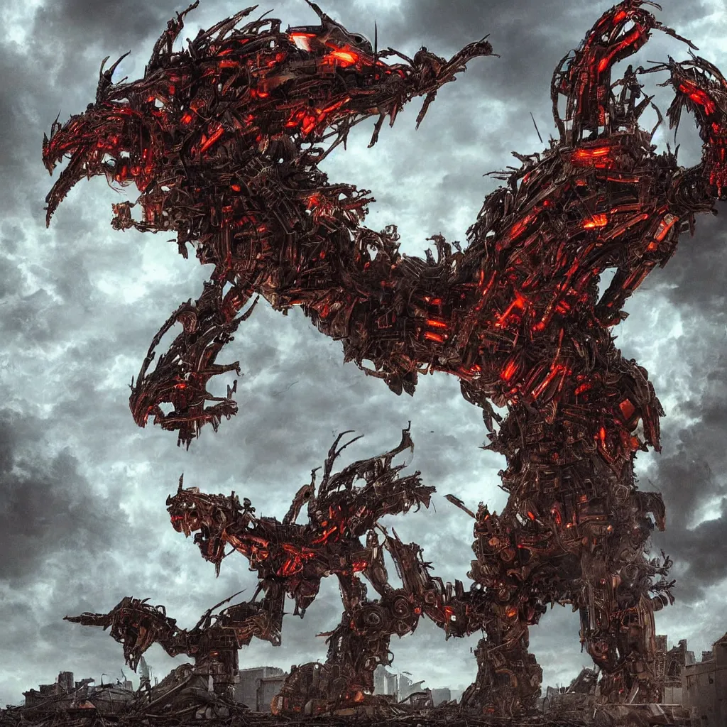 Image similar to high quality art of a giant mechanized dragon in an apocalyptic future, made of plates and armor throughout the body, having 4 limbs and 4 talons on each foot, and glowing fiery red eyes, climbing over a destroyed building in a hazy radioactive atmosphere, roaring with an epic pose into the air as the building crumbles under the weight, showing lots of sharp teeth. furaffinity, deviantart, artstation, high quality