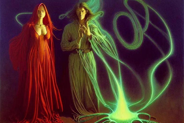 Prompt: the female arcanist and the male artificer by zacharias aagaard and albert bierstadt and brom and zdzisław beksinski and greg hildebrandt and wayne barlowe and jean delville, beautiful, flowing magical robe, highly detailed, hyperrealistic, intricate, energy, electricity, blue flame, low light, green crystal, high contrast, submission
