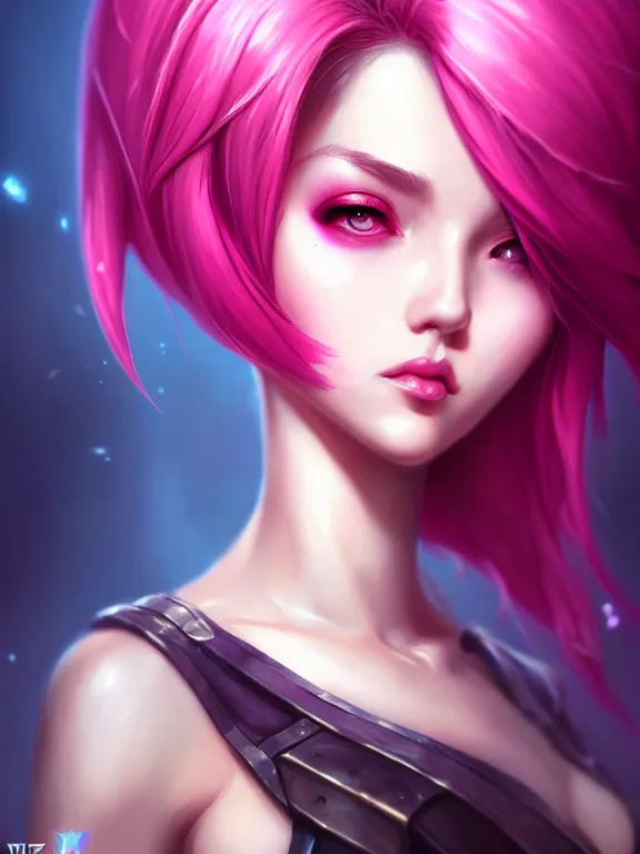 Image similar to a League of Legends FAN ART Portrait of VI, pink hair, short hait, elegant, highly detailed, digital painting, concept art, smooth, sharp focus, illustration, by Patrice murciano ,artstation,deviantart,Unreal Engine,face enhance,8K,golden ratio,cinematic lighting