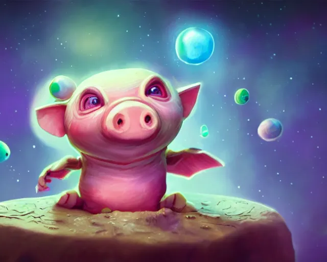 Image similar to 3D Fantasy Cute and adorable small alien piggy in space, huge adorable eyes, bright stars, Smooth 3D Illustration, soft render, Servando Lupini, Daniil Kudriavtsev, handpaint texture, Blender, 3DCoat