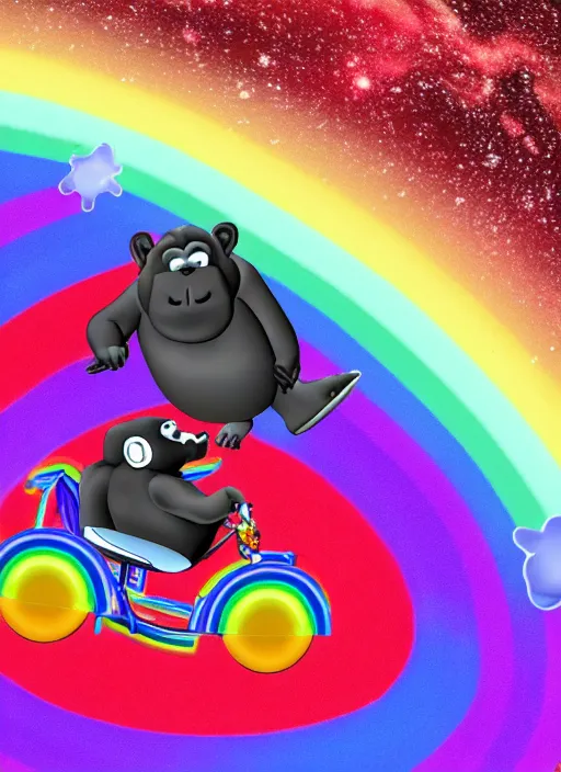 Prompt: A photo of a fat gorilla riding a tricycle on a rainbow road in space.