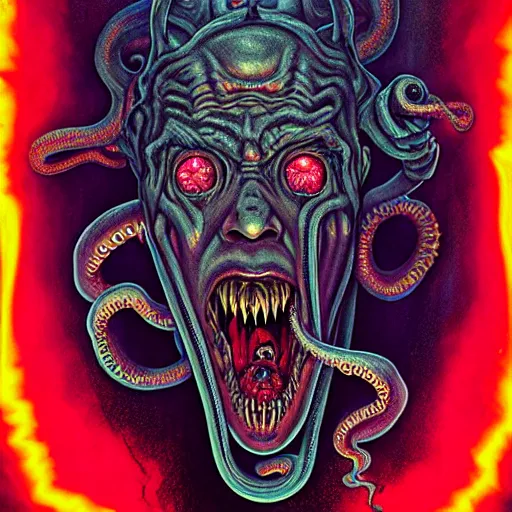 Prompt: horror poster 9 0 s, cosmic horror, abstract, gnarly, showing teeth, screaming, tentacles, ghostly, arcade, duotone, poltergeist, lets get weird, intricate, elegant, highly detailed, digital painting, artstation, smooth, sharp focus, art by mondo, julian del rey and greg rutkowski, david la chapelle