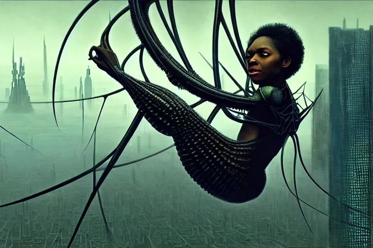 Prompt: realistic detailed photorealistic closeup portrait movie shot of a beautiful black woman riding a giant spider, dystopian city landscape background by denis villeneuve, amano, yves tanguy, alphonse mucha, ernst haeckel, edward robert hughes, roger dean, cyber necklace, rich moody colours, sci fi patterns, wide angle