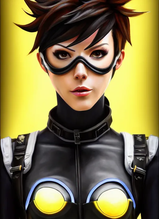 Image similar to oil painting digital artwork of tracer overwatch, confident pose, wearing black iridescent rainbow latex, 4 k, expressive happy smug expression, makeup, in style of mark arian, wearing leather collar, wearing sleek full body armor, black leather harness, expressive detailed face and eyes,